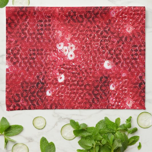 赤いフェイク連続パターンイメージ キッチンタオル (折り畳み)