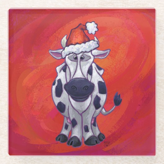 赤いフェイルドの牛のクリスマス ガラスコースター (正面)