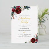 赤いフェスティバルの水の色の葉クリスマスパーティー 箔招待状 (立ち正面)