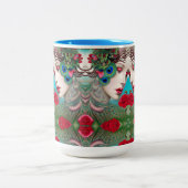 赤いフェミニン唇とバラ孔雀抽象芸術 ツートーンマグカップ (中央)