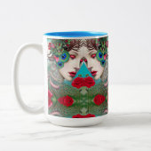 赤いフェミニン唇とバラ孔雀抽象芸術 ツートーンマグカップ (左)