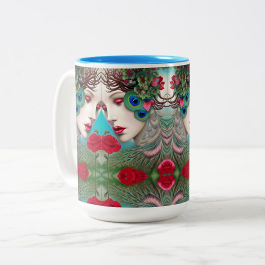赤いフェミニン唇とバラ孔雀抽象芸術 ツートーンマグカップ (正面左)