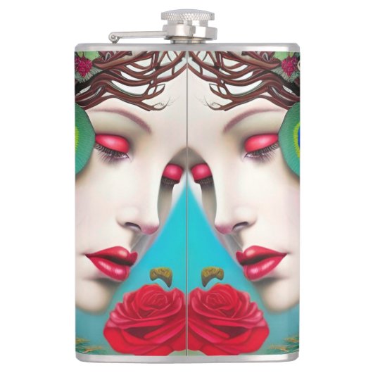 赤いフェミニン唇とバラ孔雀抽象芸術 フラスク (正面)