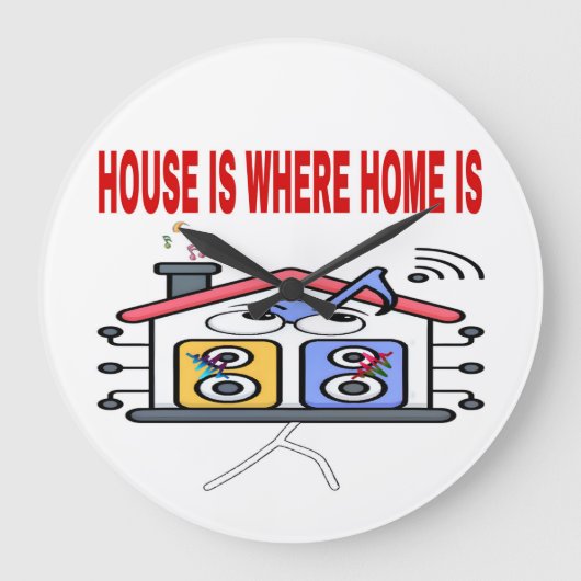 赤いフォントのHOME IS WHERE HOUSE IS ラージ壁時計 (正面)