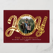 赤いフォークアートのクリスマス写真カード 喜び 箔シーズンカード (正面)