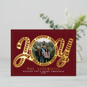 赤いフォークアートのクリスマス写真カード 喜び 箔シーズンカード (立ち正面)