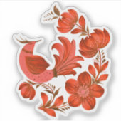 赤いフォークアートの鳥と花のステッカー シール (正面)