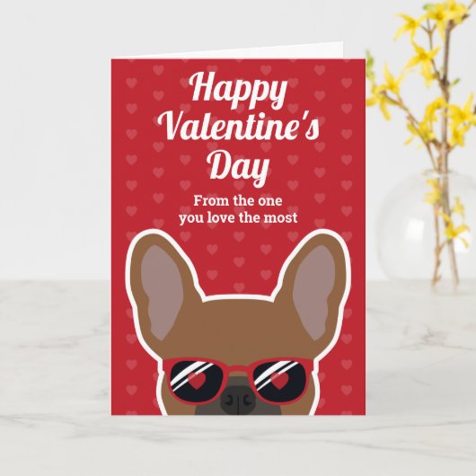 赤いフォーンのフレンチブルドッグのバレンタインデーカード カード (黄色い花)