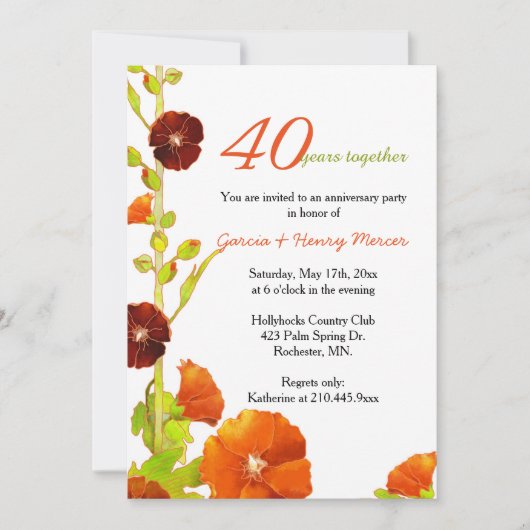 赤いフヨウ 白 40周年結婚記念日 招待状 (正面)