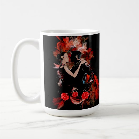 赤いフラクタルを描いたロマンチックなタンゴダンサー コーヒーマグカップ (左)