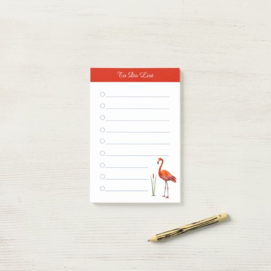 赤いフラミンゴと書が白い線で並ぶ ポストイット (デスク上)
