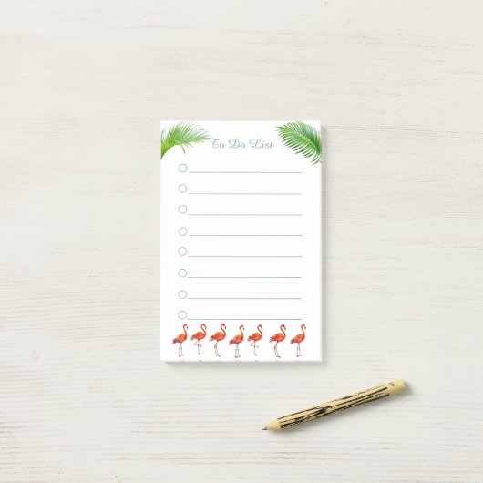 赤いフラミンゴと緑のパーム離れの動作 ポストイット (デスク上)
