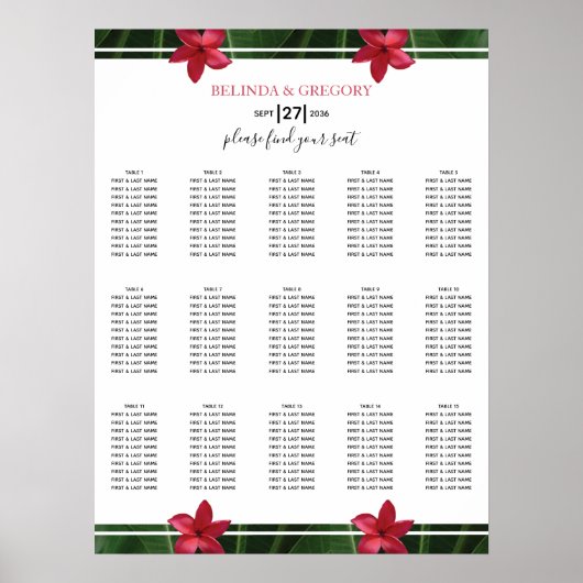 赤いフランジパニプルメリア結婚の座席表 ポスター (正面)