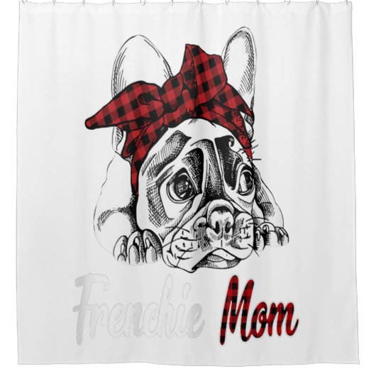 赤いフランスの格子柄のプレゼントを持つ母ブルドッグ シャワーカーテン (正面)