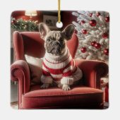 赤いフランスの椅子の上のクリスマスブルドッグ セラミックオーナメント (裏面)