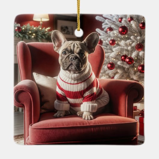 赤いフランスの椅子の上のクリスマスブルドッグ セラミックオーナメント (裏面)