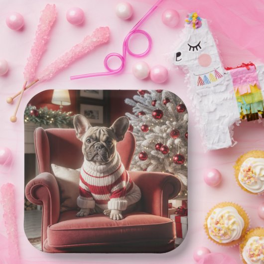 赤いフランスの椅子の上のクリスマスブルドッグ ペーパープレート (パーティー)