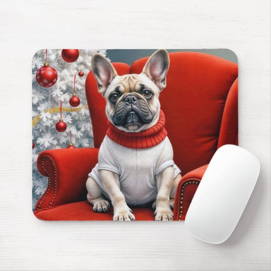 赤いフランスの椅子の上のクリスマスブルドッグ マウスパッド (マウス)