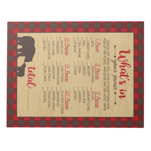 赤いフランネルあなたの財布の赤ちゃんシャワーゲームの中に何がある ノートパッド (正面)