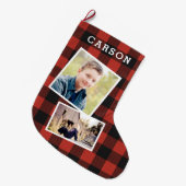 赤いフランネルの写真のコラージュ ラージクリスマスストッキング (正面 (吊り時))