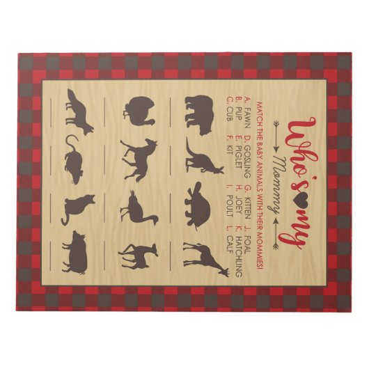 赤いフランネル私のママの赤ちゃんの動物のシャワーゲーム ノートパッド (正面)