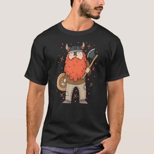 赤いフルヒゲのヘルメットとアックス付きバイキング Tシャツ (正面)