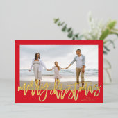 赤いフレームと金ゴールドメリークリスマスフォト 箔シーズンカード (立ち正面)