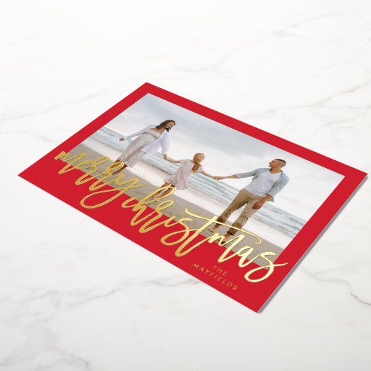 赤いフレームと金ゴールドメリークリスマスフォト 箔シーズンカード (回転した状態)