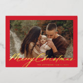 赤いフレームと金ゴールドメリークリスマスフォト 箔シーズンカード (正面)
