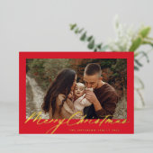 赤いフレームと金ゴールドメリークリスマスフォト 箔シーズンカード (立ち正面)