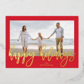 赤いフレームと金ゴールドメリークリスマスフォト 箔シーズンカード (正面)