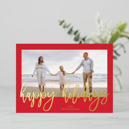 赤いフレームと金ゴールドメリークリスマスフォト 箔シーズンカード (立ち正面)