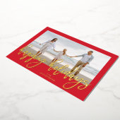 赤いフレームと金ゴールドメリークリスマスフォト 箔シーズンカード (回転した状態)