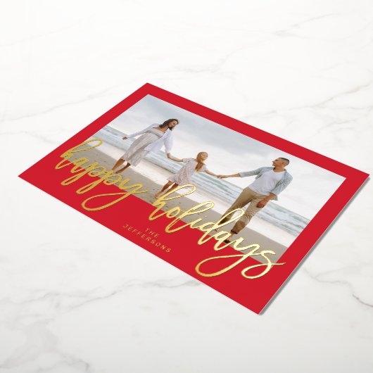 赤いフレームと金ゴールドメリークリスマスフォト 箔シーズンカード (回転した状態)