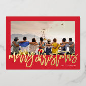 赤いフレームと金ゴールドメリークリスマスフォト 箔シーズンカード (正面)