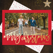 赤いフレームと金ゴールドメリークリスマスフォト 箔シーズンカード