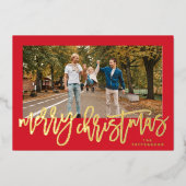 赤いフレームと金ゴールドメリークリスマスフォト 箔シーズンカード (正面)