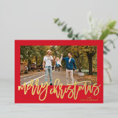 赤いフレームと金ゴールドメリークリスマスフォト 箔シーズンカード (立ち正面)