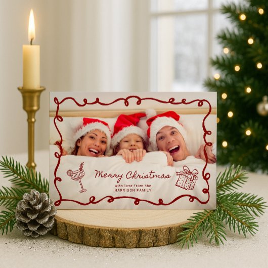 赤いフレームのストライプファミリーフォトクリスマス 招待状