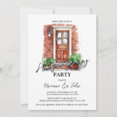 赤いフロントドアとレンガの家の新築祝いパーティー 招待状 (正面)