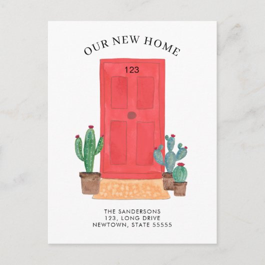 赤いフロントドアの水の色のサボテン移動 案内ポストカード (正面)
