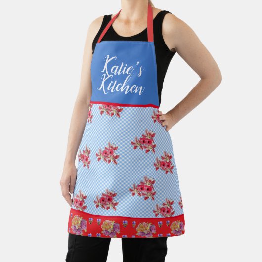 赤いフローラみすぼらしいシックな青いギンガムカスタマイズ可能 エプロン (インサイチュ)