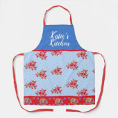 赤いフローラみすぼらしいシックな青いギンガムカスタマイズ可能 エプロン (正面)