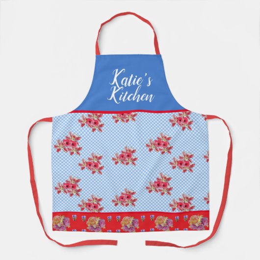 赤いフローラみすぼらしいシックな青いギンガムカスタマイズ可能 エプロン (正面)