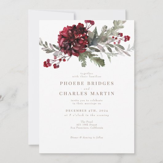 赤いフローラエレガントのクリスマスまたは冬の結婚式 招待状 (正面)