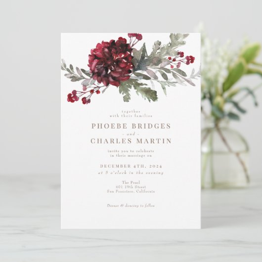 赤いフローラエレガントのクリスマスまたは冬の結婚式 招待状 (スタンド正面)