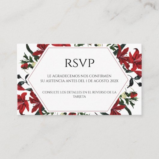 赤いフローラスペインのウェディングRSVPカード エンクロージャーカード (正面)