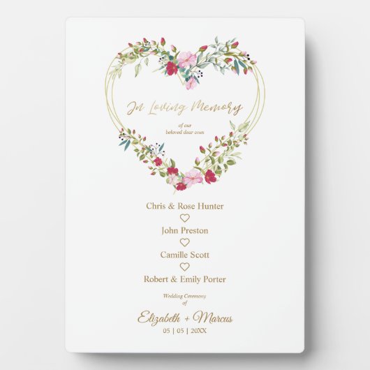 赤いフローラハートを愛するメモリ結婚ー フォトプラーク (正面)