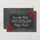 赤いフローラバラBurlapウッドゴシック日付を保存 セーブザデート (正面/裏面)