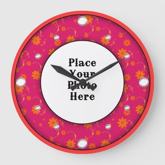 赤いフローラフレームあなたのフォトウォール時計 ラージ壁時計 (正面)